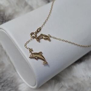 QVC JCM 10k Yellow gold Double 2 Dolphin charm Ankle Anklet Bracelet 9-10"